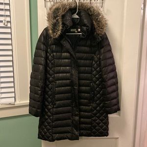 Kenneth Cole Feather Down Quilted Parka Hooded Faux Fur Coat